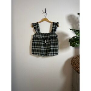 MOTEL Sanula Top Linen Mono Check Green XS Ruffle Strap Square Neck